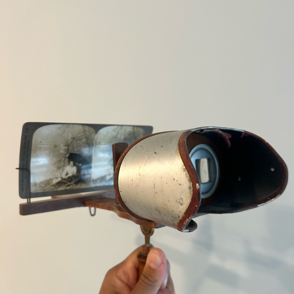 Antique Wooden and Silver Stereoscope with Historical Cards